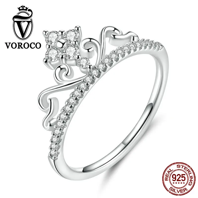 

VOROCO Authentic 925 Sterling Silver Ring Fairytale Sparkling Crown Ring Cubic Zirconia Stone for Women Fine Jewelry BKR597
