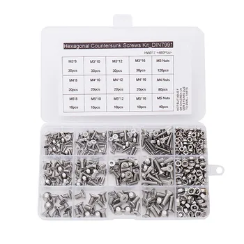 

480Pcs/set M3 M4 M5 DIN7991 ISO10642 A2-70 Hexagonal Countersunk Screws Flat Head Screw Hex Socket Bolt Assortment Kit