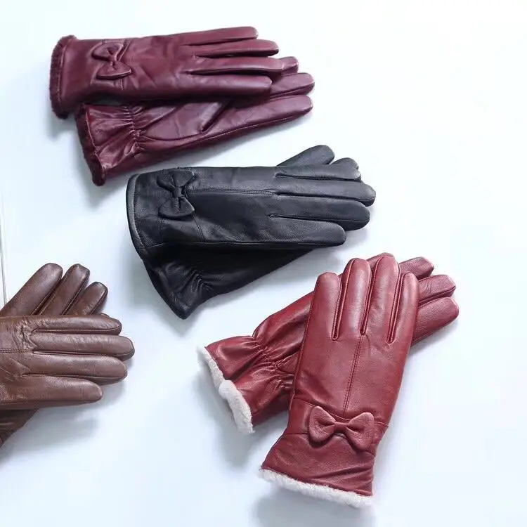 Бесплатная доставка, женские зимние байкерские кожаные перчатки, шерстяные перчатки с полными пальцами, толстые черные зимние теплые