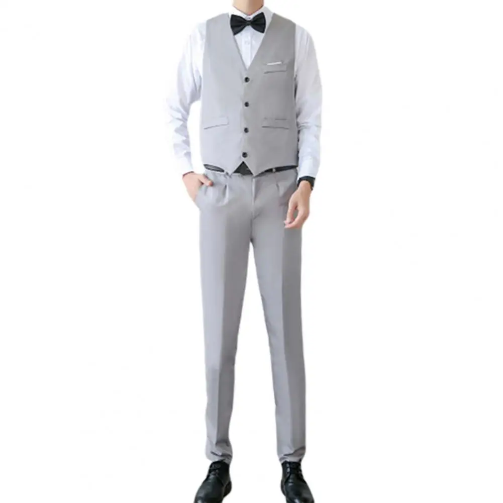 Business Suit Set V Neck Formal Men Solid Color Buttons Vest Shirt Pants for Wedding