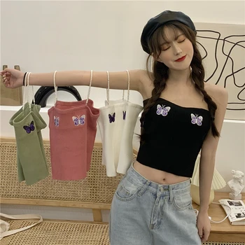 

Embroideried Summer Knit Tank Crop Tops Girls Knitted Camisole Sleeveless Tee shirts Camis With Pearl Straps For Women
