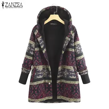 

Plus Size Hooded Outwear Printed Coats 2020 Autumn Women's Patchwork Jackets Female Long Sleeve Fleece Button Fluffy Parkas Tops
