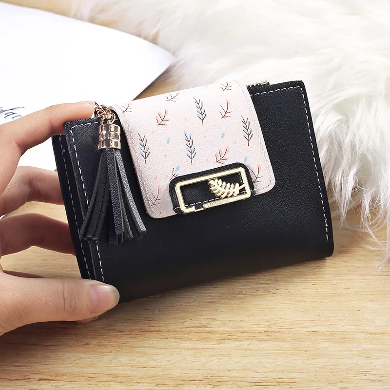 

Women Short Floral Wallets Metal Leaves Zipper Tassel Coin Purses Female Solid Color Hasp Multifunction Card Holder Money Clip