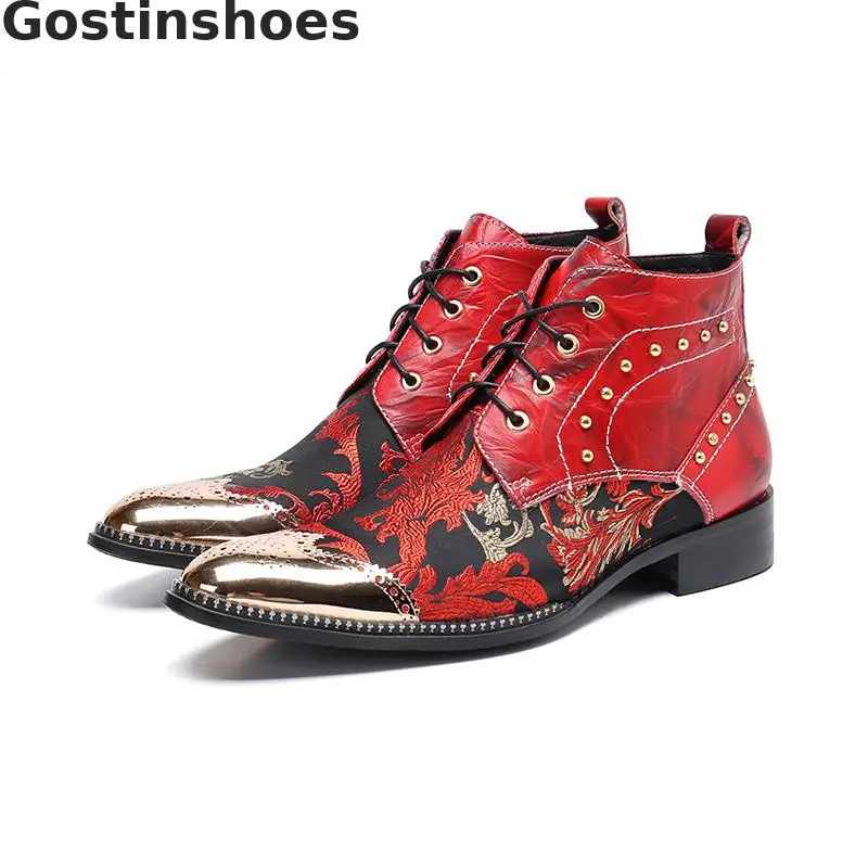 

Cowhide Men Boots Genuine Leather Lace-up Men Short Boots Pointed Captoe Rivets Decoration Men Ankle Boots Embroider Martin Boot