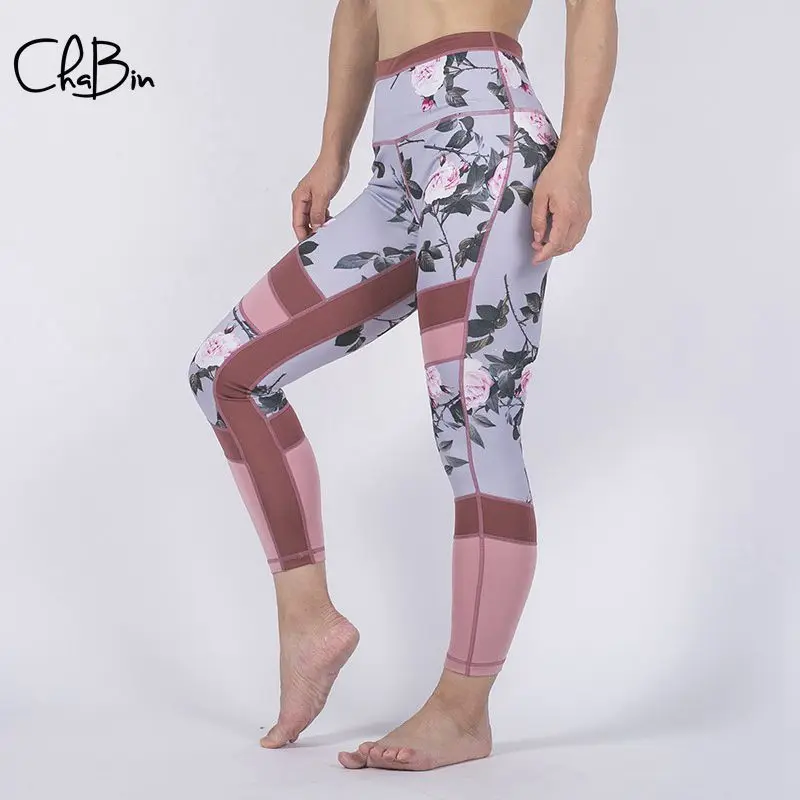 

New 2019 Women Yoga Pants Floral Print Patchwork Sports Leggings Push Up Tights Gym Exercise High Waist Fitness Running Trousers