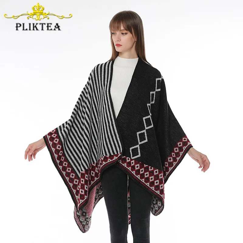 

Pliktea Geometric Stripe Patchwork Winter Poncho for Women Black Pashmina Cashmere Female Hijab Scarf Warm Ladies Stole Shawl