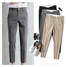 Pantalones de traje para hombre, Pantalón recto de corte ajustado a la moda, pantalón informal de negocios con bolsillos, negro puro, caqui, gris, novedad de 2021