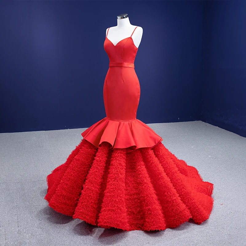 RSM67311 Red Sexy Evening Dress 2021 Frill Strap Backless Tiered Banquet Reception Fishtail Gown robe de soirée rouge 4
