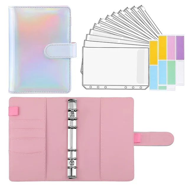 15 Pieces Binder Budget Planner Cash Envelope Binder with Budget Envelopes A6 Binder Pockets Cash Envelope Wallet for Budgeting Silver-14pcs