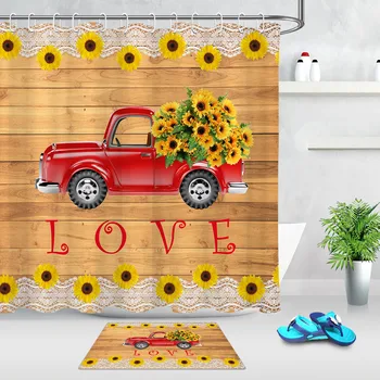 

Red Pickup Truck Sunflower Rustic Wooden Planks Shower Curtains for Bathroom Washable Shower Curtains Bath Screens With Hooks