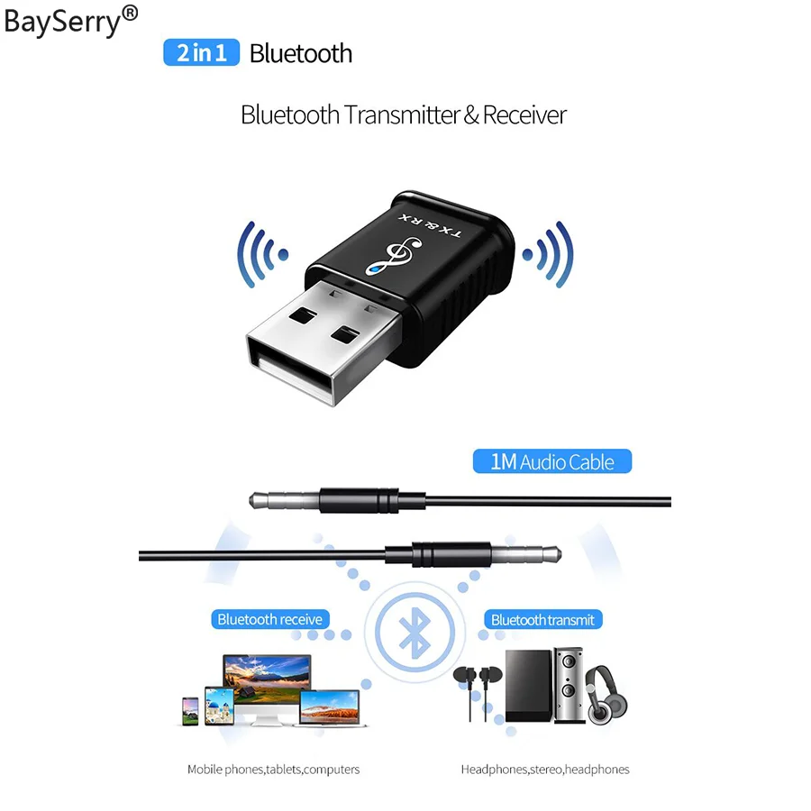

BaySerry Bluetooth 5.0 Adapter Bluetooth Transmitter Receiver 3.5mm Stereo Audio Sound Music Dongle For TV PC Headphones Speaker