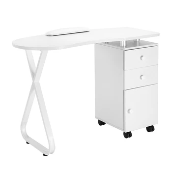 

Manicure Nail Salon Table Station Workstation Single Side X Type 2 Drawers 1 Door Ceramic Handle Hand Pillow with Wheels White