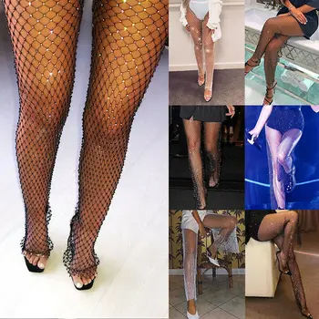

Women Lady Fishnet Diamond Shiny Elastic Beach Cover Pants Party Club Trousers Sexy Grid Cutout Flash Diamond Pants