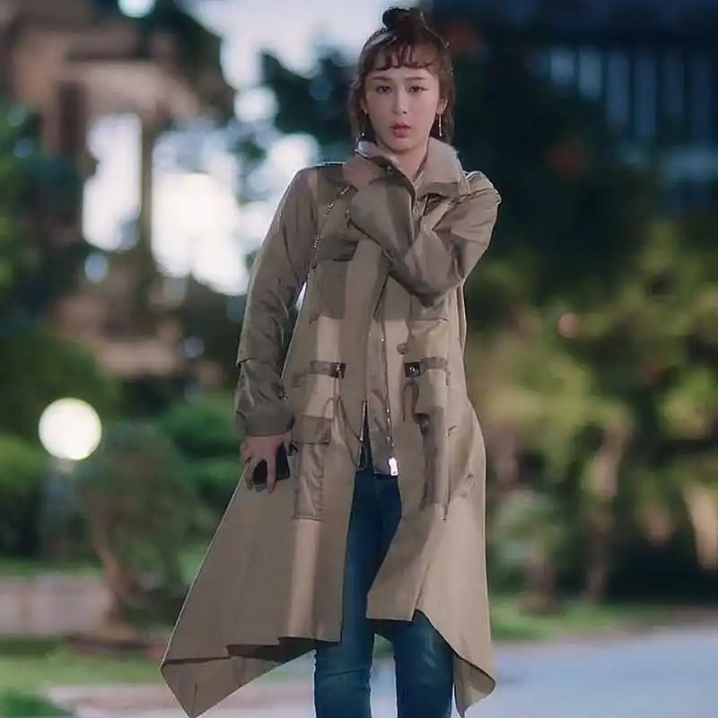 

My Mowgli Boy Yang Zi Ling Hee Gao Yuanyuan Celebrity Style Contrast Color Joint Medium-length Trench Coat Mock Two-Piece Coat W