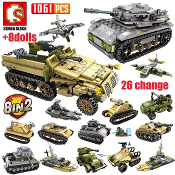 

SEMBO 1061Pcs WW2 Deformation War Chariot Building Blocks Military Technic Tank Army Soldiers Figures Bricks Toys for Boys