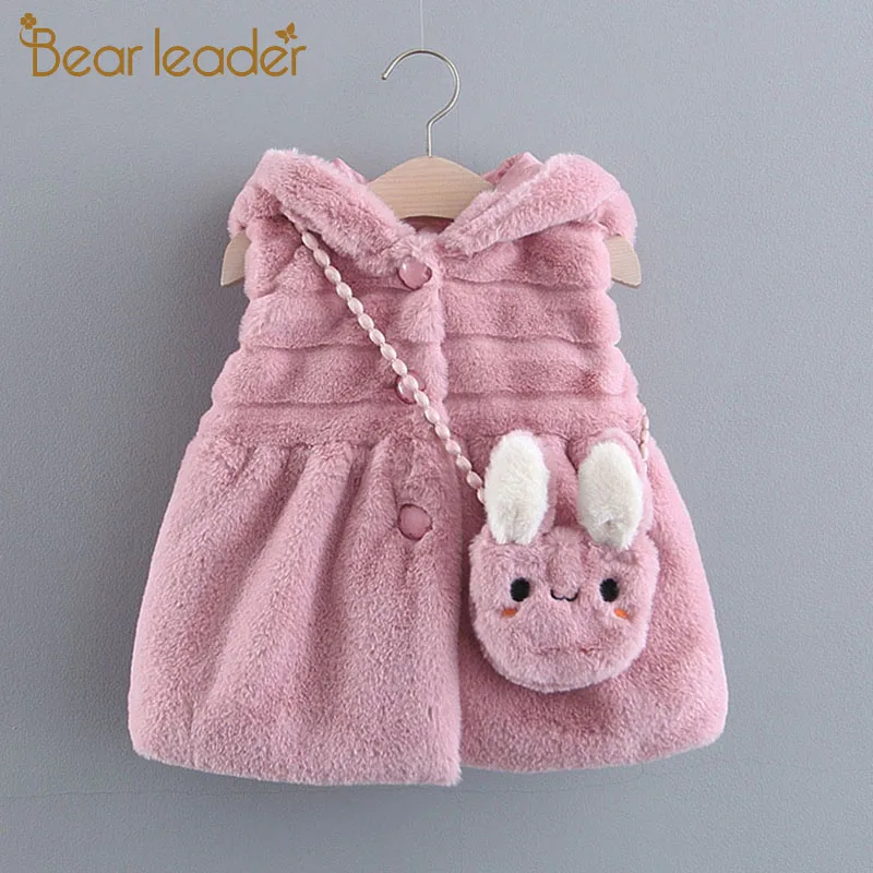 

Bear Leader Baby Girls Vest New Winter Baby Waistcoats Warm Fur Fleece Girl Coat with Bag Cute Cartoon Outfits Kids Clothing