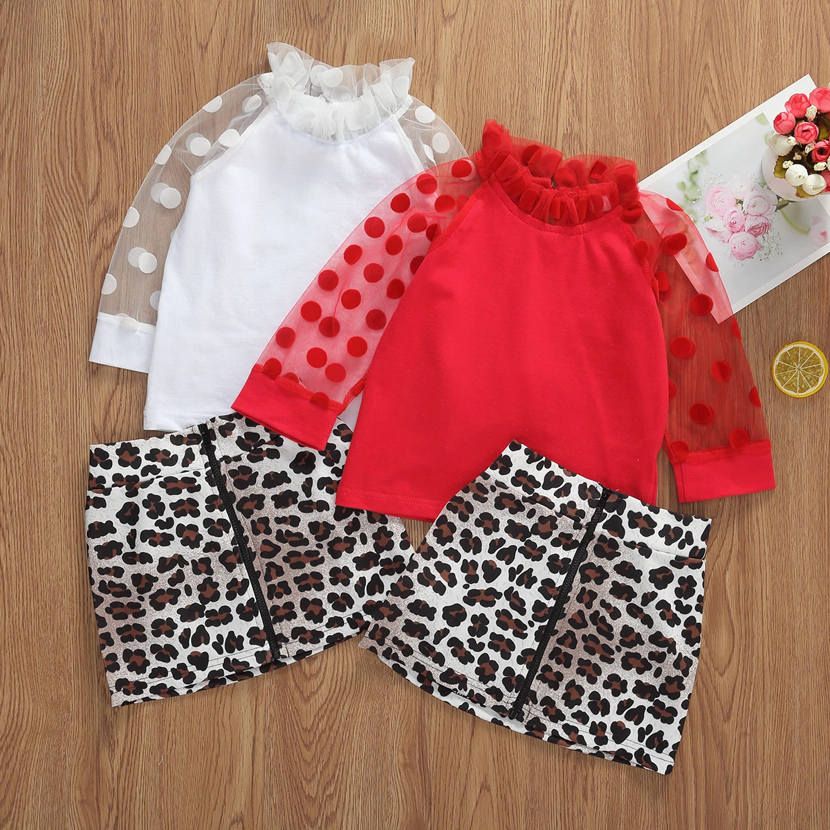

Fashion 1-6Y Little Girls Lace Collar Dot Mesh Sleeve Top Leopard Print Short Skirt Set Toddlers Summer Autumn Clothes Sets