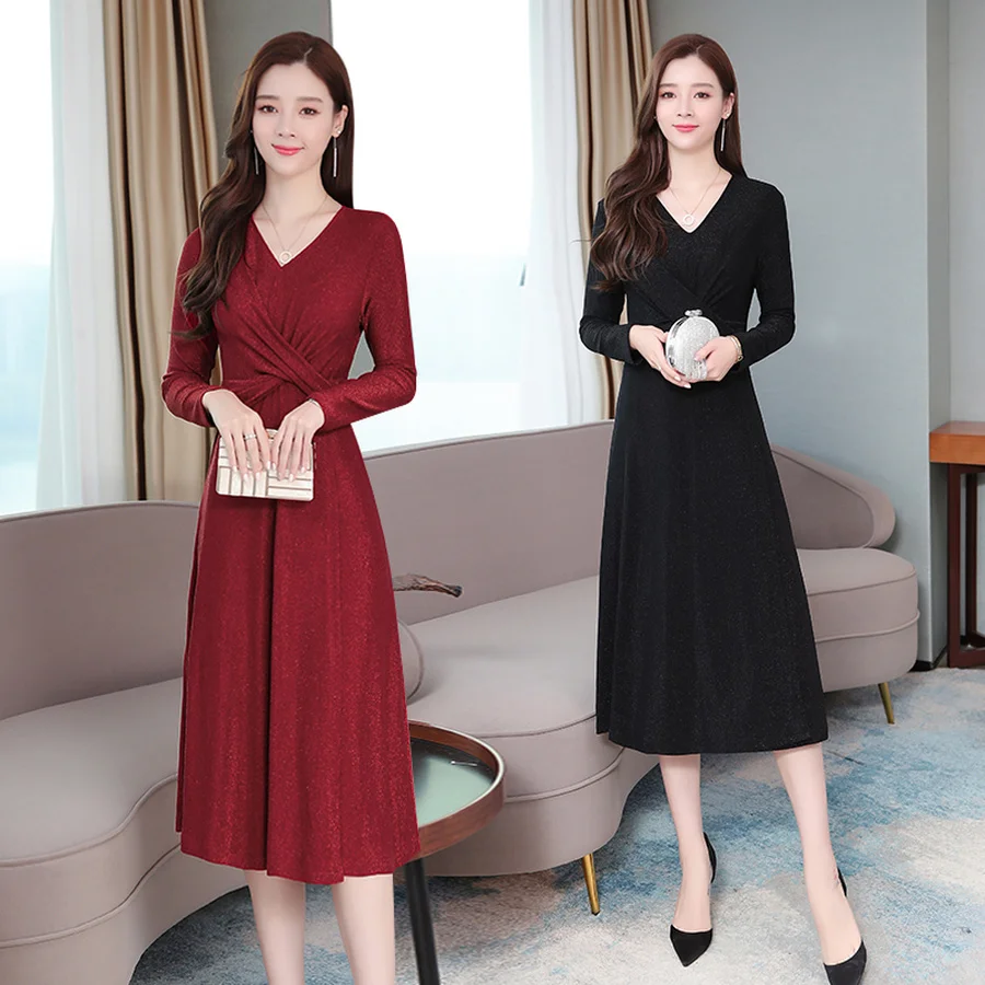 

2019 Femal Vintage Plus Size Solid Long Sleeve Dresses Autumn Winter New Red Sexy Midi Dress Elegant Women Bodycon Party Vestido