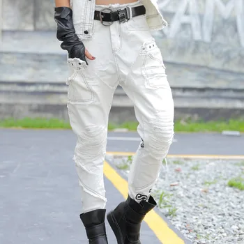 

#3124 Spring Autumn Woman Jeans White Low Waist Denim Pencil Pants Ladies Hip Hop Letter Printing Pockets Holes Jean Trousers