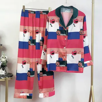 

Women Print Pajamas Set Satin 2PCS Shirt&Pant Long Sleeve Pyajamas Suit Female Casual Sleep Set Autumn Loose Home Clothing