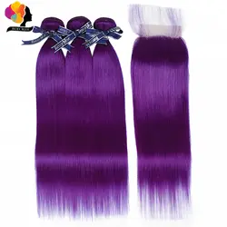Remyblue фиолетовый предварительно цветные человеческие волосы переплетения пучки с закрытием бразильские прямые волосы пучки с закрытием