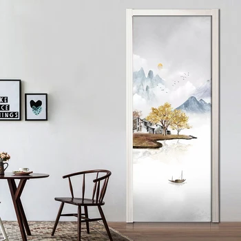 

3D Self Adhesive Wall Art Decal On Door Sticker Landscape Scenery Home Door Decoration Renovation PVC Wallpaper Print Pictures
