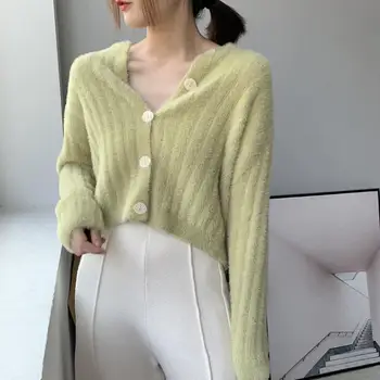 

Fashion 2019 Sweater Solid Color Faux Velvet Cardigan Coat Autumn Winter V-Neck Long Sleeve Button Short Knitted Sweater