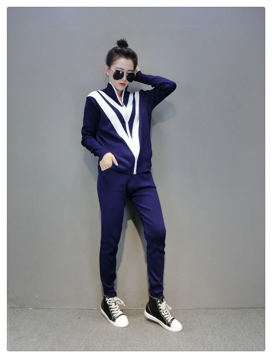 Amolapha Women Winter Hit Color Pachwork Knit Tops Sweater+ Pants 2PCS Sets Knit Tracksuits Outfits