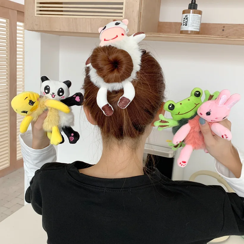 Woman Girls Lovely Animal Plush Elastic Hairband Scrunchies Winter Kawaii Rubber Band Cartoon Hair Ties Women Hair Accessories women animal fluffy cat full finger keep warm bear claw gloves mittens plush gloves soft winter cartoon lovely