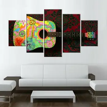 

Canvas HD Prints Poster Home Decor Wall Art 5 Pieces Color Graffiti Abstract Guitar Pictures India Sacred Om Paintings(No Frame)