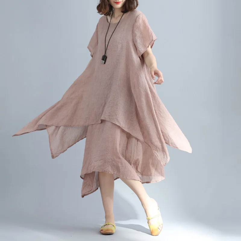 

2019 Summer New Style Cotton Linen Dress Women's Solid Color Mock Two-Piece Mid-length Crew Neck Comfortable Loose And Plus-size