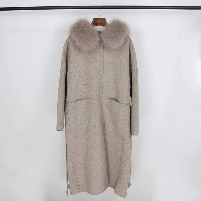 OFTBUY пальто с натуральным мехом, зимняя куртка для женщин, Воротник из натурального Лисьего меха, капюшон, кашемировая шерсть, удлиненная верхняя одежда, уличная одежда, Корея