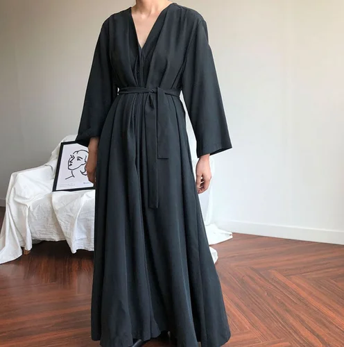 New Arrival Autumn Arts Style Women Long Sleeve Loose Maxi Dress Cotton Female V-neck Vintage Solid High Quality S103 | Женская одежда