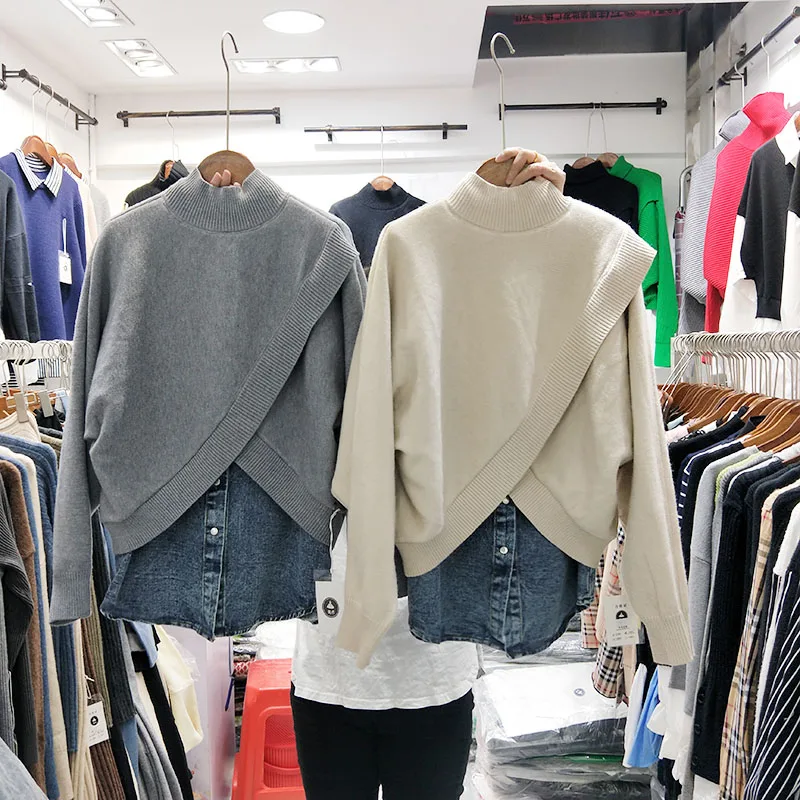 

2020 Spring Winter New Loose Irregular Turtle-Neck Sweater + Denim Vest Shirt Two-Piece Women's Pullovers Nancylim