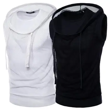 

Men's sleeveless vest T-shirt fashion European and American trend mesh hooded sleeveless T-shirt hip-hop casual hip-hop T-shirt