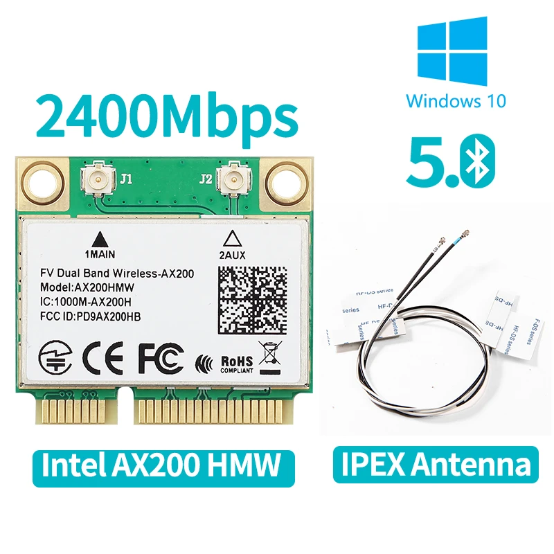 

Dual Band Half Mini PCI Wi-Fi 6 Intel AX200 AX200HMW WLan Wireless Card Adapter With Antennas 2974Mbps BT 5.0 For Win10 Laptop