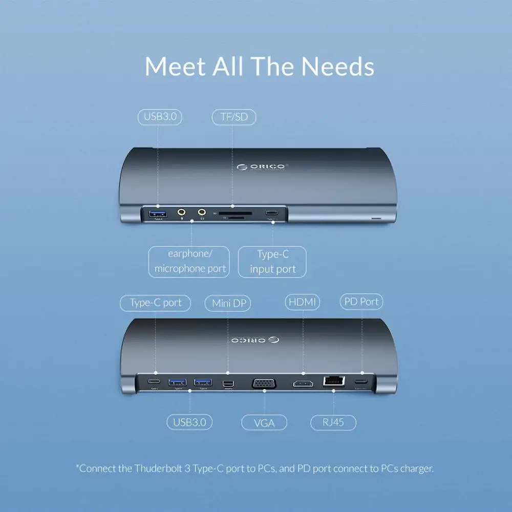 ORICO Aluminum USB C HUB Type C to HDMI/VGA/MiniDP/USB3.0/Card reader/RJ45/PD/Sound Card Adapter Sp