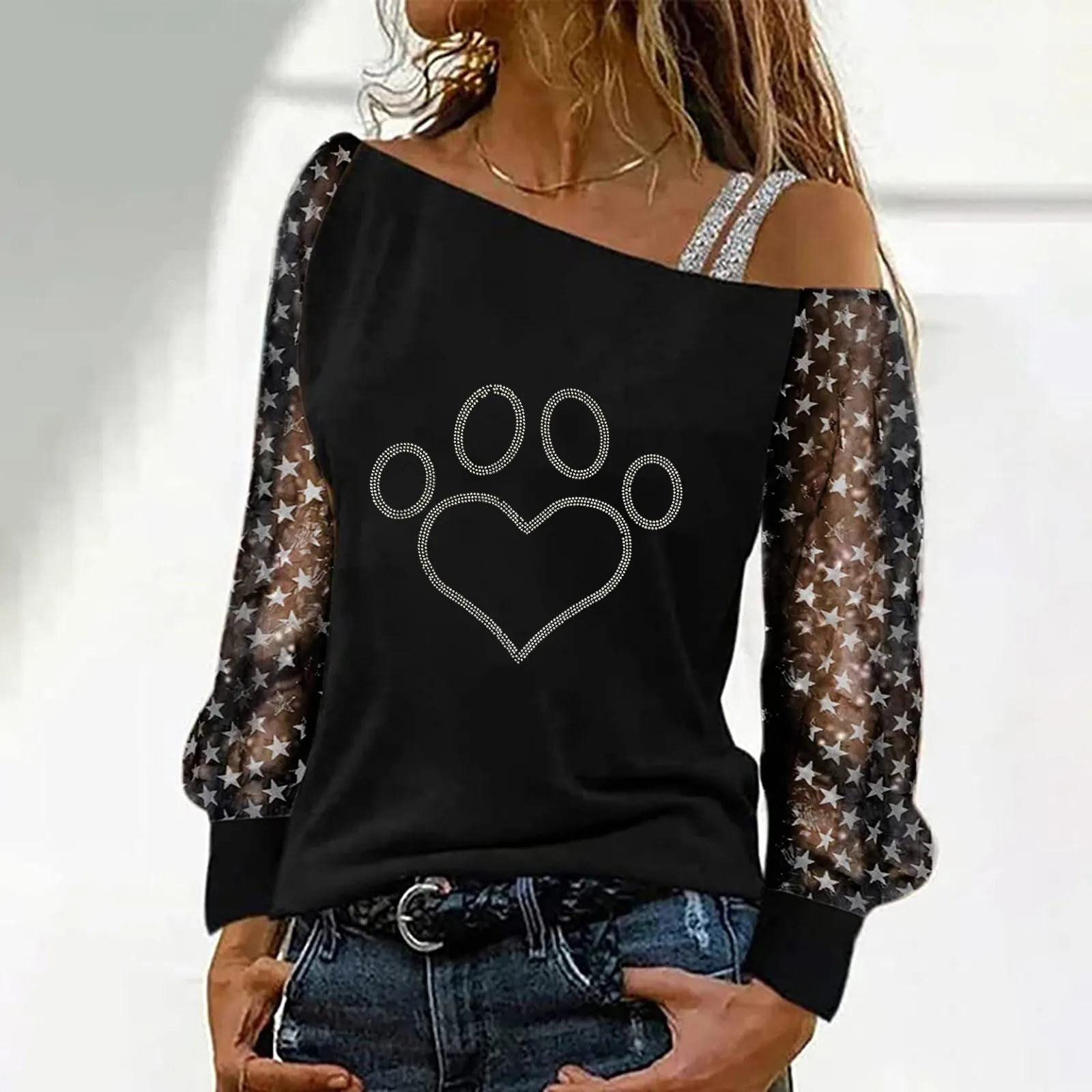 Fashion Sexy Printed T-shirt Women Long Sleeves Cat Print Off-the-shoulder Pullover Casual Loose Shiny Sequin Blouse Tunic Tops vintage graphic tees Tees