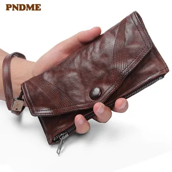 

PNDME vintage handmade genuine leather men's clutch wallet high quality real cowhide designer hasp women card holder phone purse