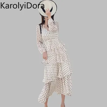 

High quality New Fashion Runway 2020 Designer Long Dress Women's Long Sleeve Ruffle Dot Bohemia Dot Dress