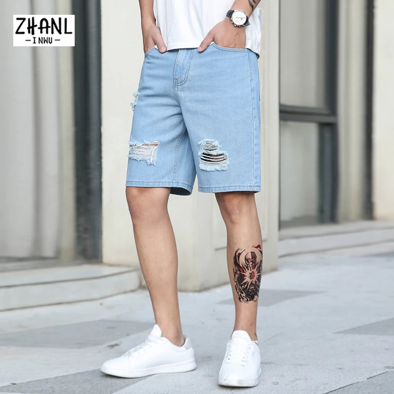 Pantalones mezclilla para hombre, Bermudas rasgadas Retro, informales, a la moda, para correr|Pantalones vaqueros| - AliExpress