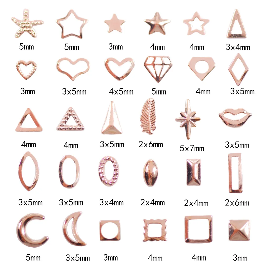 

1000Pcs Nail Art Hollow Rivet Studs Rhinestones Metal Rose Gold Multi-Shapes Fashion Nail Piecing Charms For Nail Art Supplies
