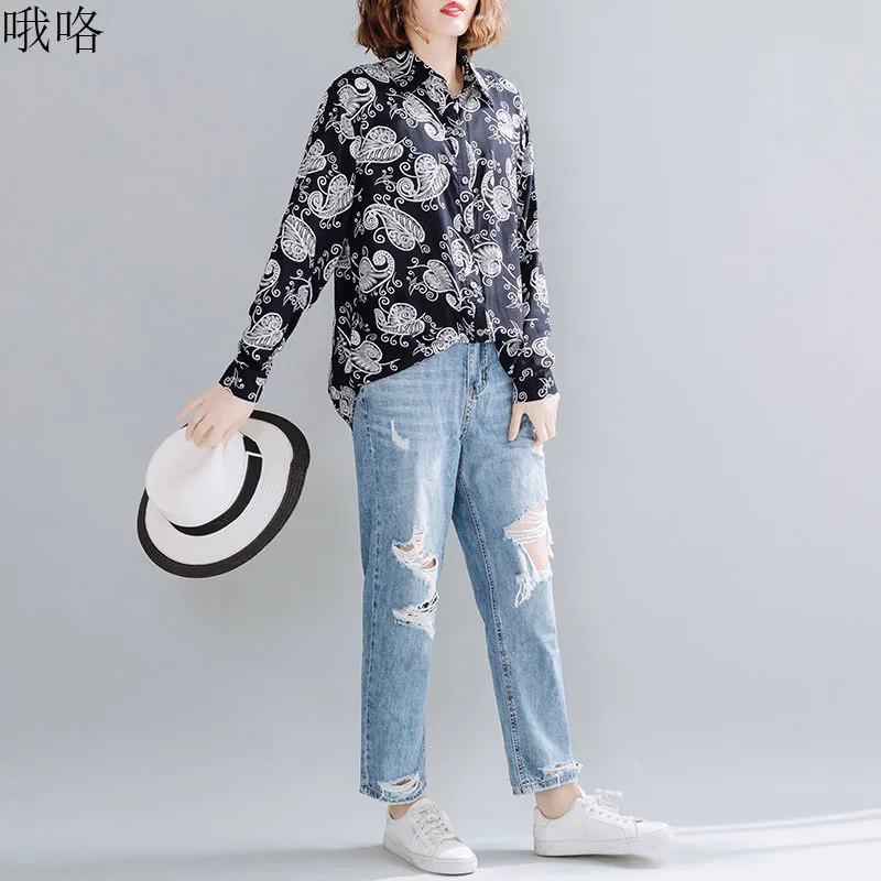 

2020 Summer National Style Plus Size Shirt Printed Cotton And Linen Shirt Women Vintage Single Breasted Cardigan Top 3XL 4XL 5XL