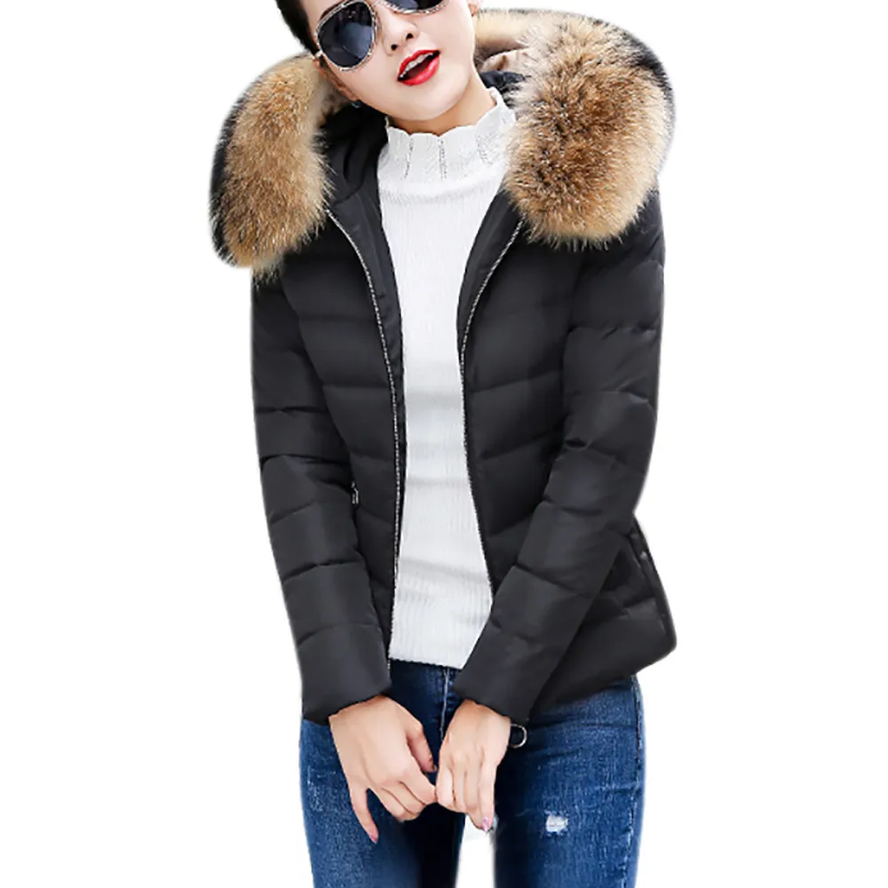 Модная зимняя женская куртка с большим меховым поясом и капюшоном, толстая пуховая парка, короткая женская куртка, пальто, тонкая теплая зимняя верхняя одежда, новинка - Цвет: BK