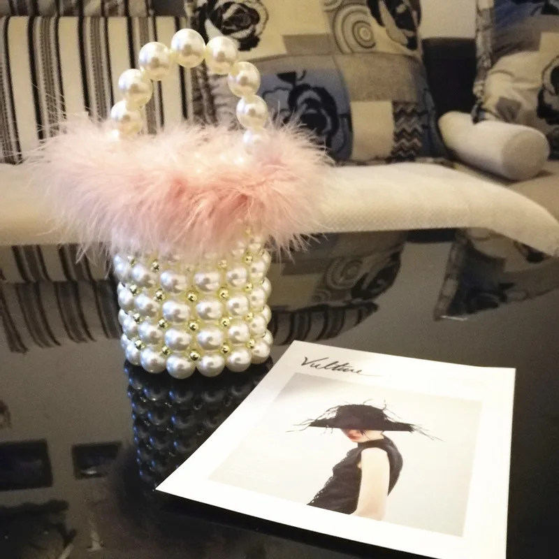 Вечерняя сумочка-клатч из искусственного меха с жемчужинами Женская Ретро ручной работы с жемчужными бусинами розовая маленькая сумка-ведро Дамский прозрачный кошелек сумка