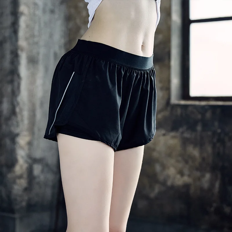 Новинка, спортивные и свободные шорты для бега, женский гардероб, неисправность, карман, для девушек, поддельные, из двух частей, быстросохнущие - Цвет: Черный