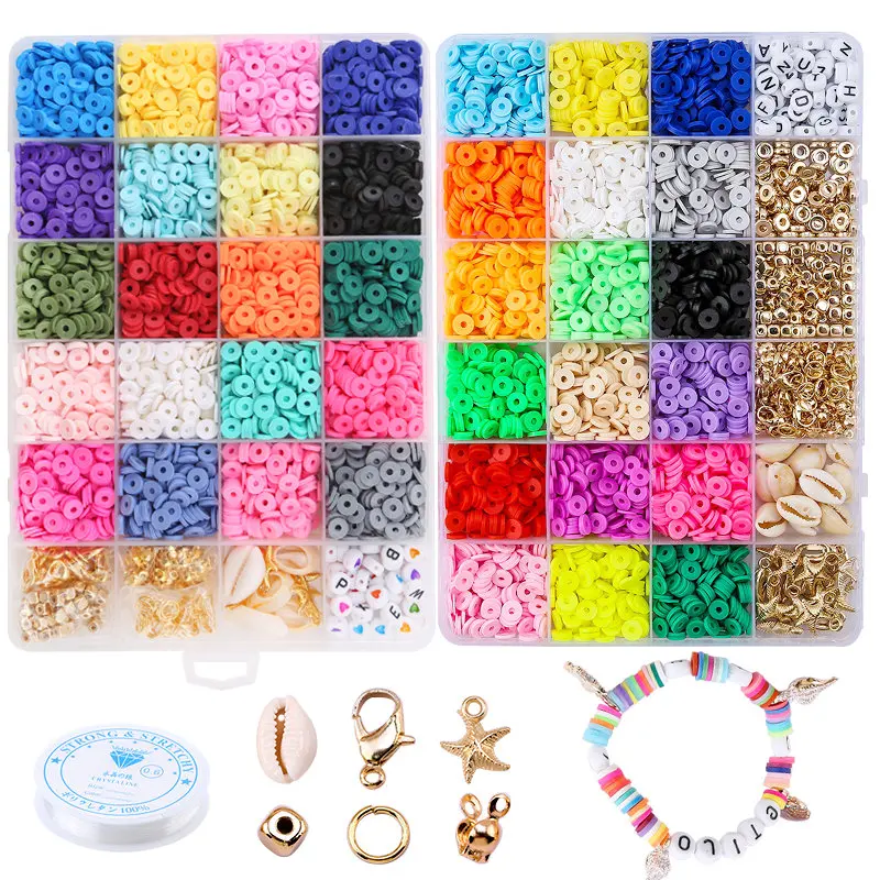 4800pcs Clay with Letter Beads for Bracelets, 20 Colors 6mm Flat Polymer Clay Spacer Beads with Elastic String and Pendant - Set, Women's, Size