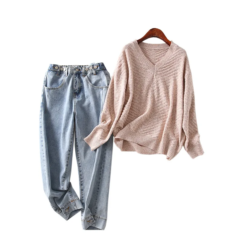 

One's Versatile V-neck Sweater Elastic Waist Casual Cowboy Harem Pants Two-Piece Women's Entity