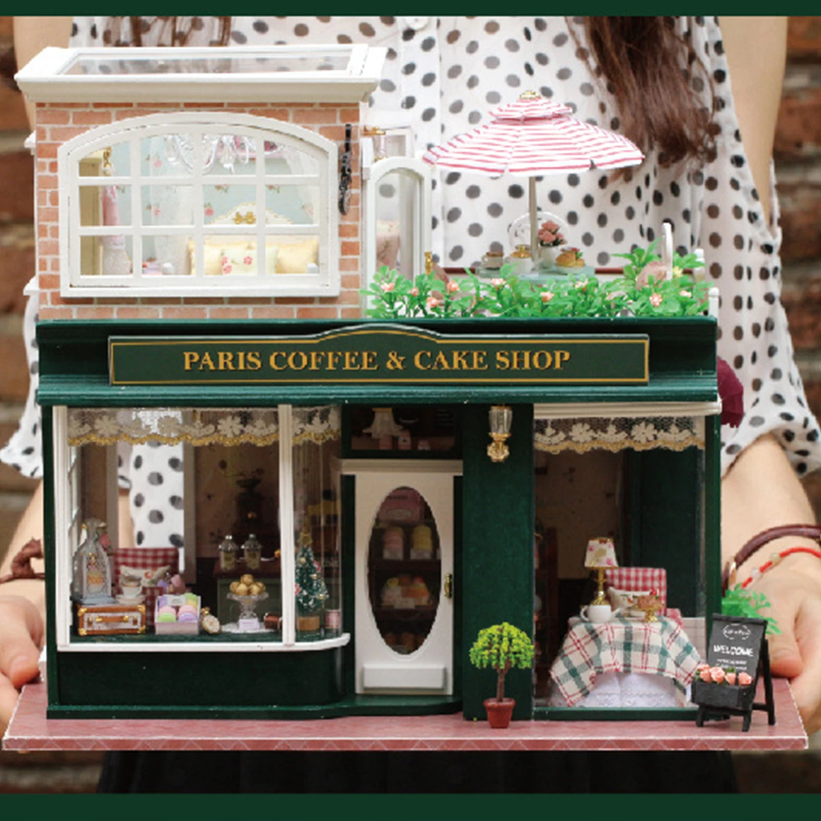 DIY Paris Coffee & Cake Shop Handmade Wooden Miniature Doll House with Light and Music Movement Dollhouse Valentine's Day Gift