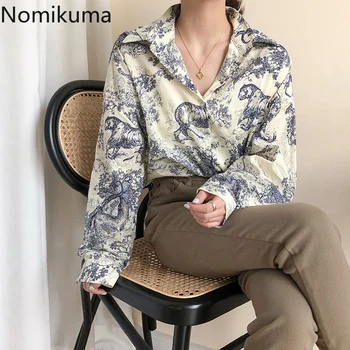 

Nomikuma Blusas Mujer De Moda 2020 Korean Printing Long Sleeve Blouse Tops Single Breasted Turn Down Collar Women Shirts 3Z523